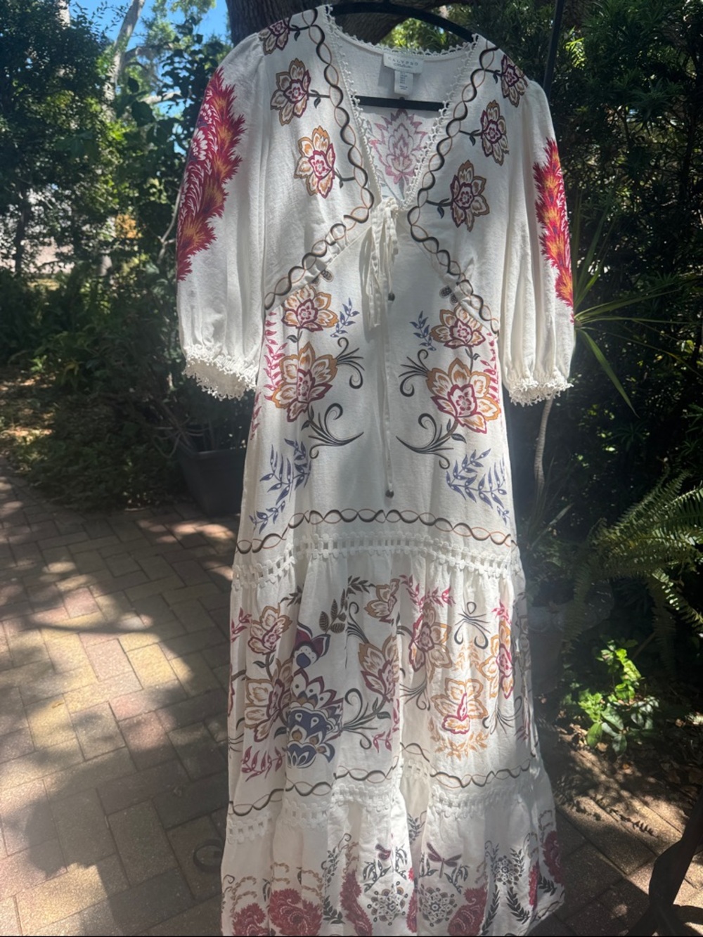 Calypso St. Barth White Maxi Dress with Pink, linen